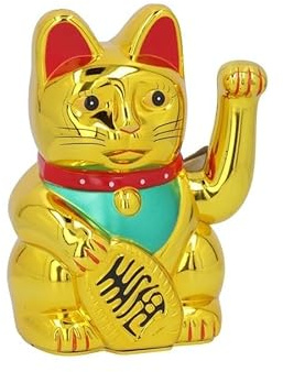 DRW Gato de la Suerte Chino Dorado Dorado con Brazo movil Maneki Neko 10.5x10.5x16 cm