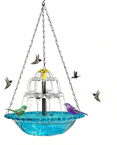 Hanging Bird Baths for Outdoors, Bird Bath Solar Fountain, Humming Birds Baths Fountains, with Solars Pump & Bowl, for Outdoor, Gardens (Blue)