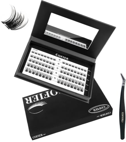 CoFier Natural Cluster Lashes Kit Pre Glued Eyelashes C Curl 10mm-18mm Press On Lashes, No Glue Needed Cat Eye Self Adhesive Lash Clusters Kit Includes Mirror and Tweezers, Reusable And Easy To Apply