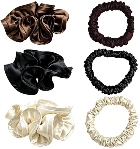 Satin Haargummi Scrunchies, 3 Große Haargummis und 3 Kleine Haargummis, Sanfte Haarbänder für Mittleres bis Dickes Haar, Ideal für Alltagsfrisuren und Geschenkanlässe, Farben: Beige Braun Schwarz