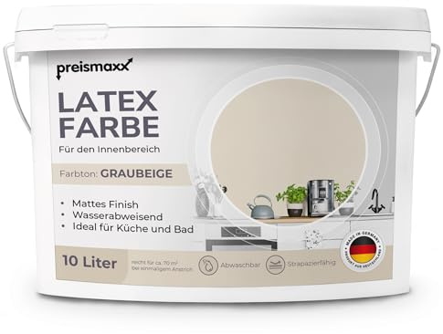 Preismaxx Latexfarbe Graubeige abwaschbar hohe Deckkraft Wandfarbe matt 10l | Abwischbar Küche, Bad, Flur, Treppenhaus Kinderzimmer, strapazierfähig, flecken entfernen leicht zu reinigen hohe Deckkraft