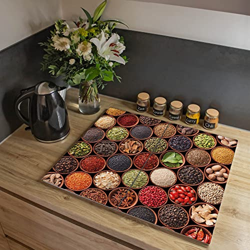 banjado Herdabdeckung Ceranfeld 2-teilig 60x52 cm, Schneidebrett Glas und Spritzschutz Küche aus gehärtetem Glas, praktische Kochfeld Abdeckung Essen & Küche im Alltag mit Motiv Zutaten
