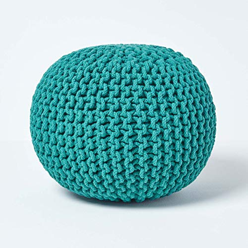 HOMESCAPES Pouf rotondo intrecciato in cotone, pouf lavorato a maglia, colore verde turchese, 40 x 35 cm
