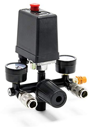 Wiltec Régulateur de pression avec Pressostat – 165 x 130 x 200 mm – 8 bars max. – pour Compresseur – avec Réducteur 2 afficheurs Valve de sécurité