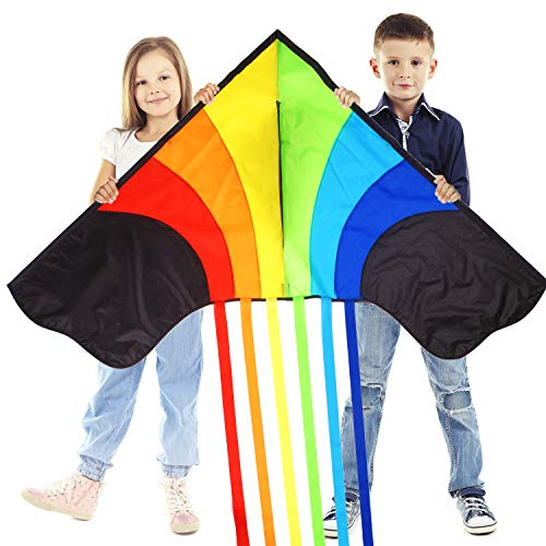 Grand cerf-volant arc-en-ciel pour enfants et adultes – Très facile à voler – Excellent jouet d'extérieur pour les débutants – Conçu pour durer – 1,5 m de large avec des queues de 2,5 m