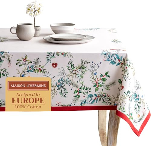 Maison d'Hermine Tischdecke, Rechteckig, 100% Baumwolle (220 cm x 160 cm) | Wiederverwendbar, für den täglichen Gebrauch, zum Essen, für Partys Thanksgiving und Weihnachten - Holly Time