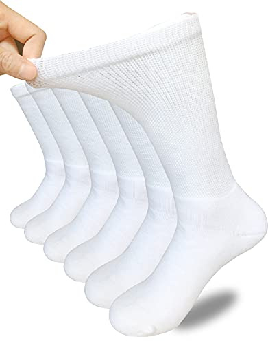 SYOLLAVE Men Diabetic Socks Extra Width Non Binding Crew Sock Cushioned Moisture Wicking Socks for Diabetes Edema Thick Ankle 3 Pairs (A-White (3 Pairs))