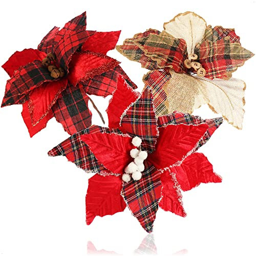 com-four® 3X arreglos Decorativos, Flores Artificiales como Grandes Decoraciones navideñas, Hermosas Decoraciones para Habitaciones, también para Coronas y arreglos Florales. (Cuadros Rojos)