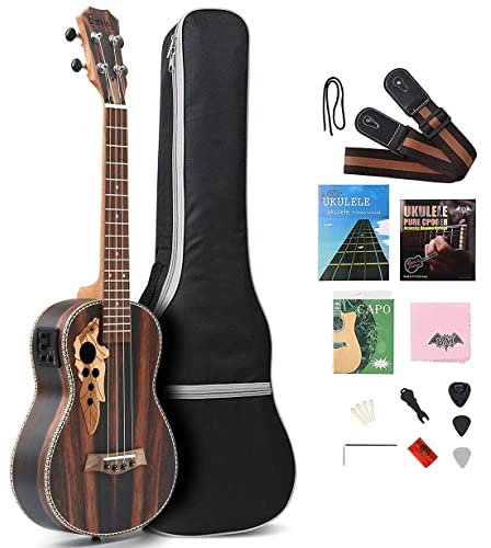 Batking Tenor Ukulele 26 Zoll All Blackwood Tenor-Akustik-Elektrische Ukelele mit Halsspannstab mit EQ mit Gigbag, Gurt, Nylonsaite, Elektro-Stimmgerät, Plektrum, Shaker