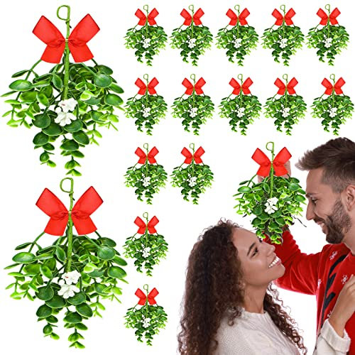 18 Pcs Christmas Artificial Mistletoe Floral Pick Fake Mistletoe Branches Mistletoe Decoration Hanging Doorway Christmas Mistletoe Ornaments Bouquet for Home Xmas Tree Party Decorations