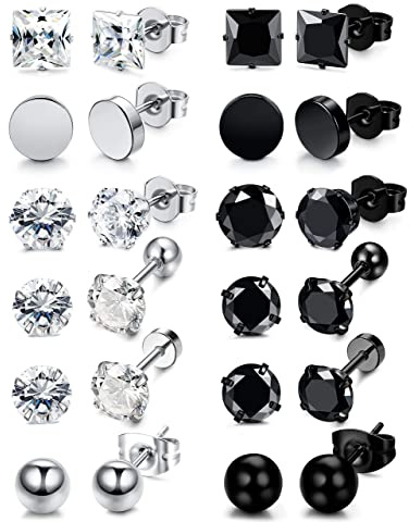 KALVICA 12 paar Edelstahl Ohrringe Herren Schwarz Silber Ohrstecker Runde Zirkonia Ohrstecker Set für Männer Damen Unisex Allergiefreie Piercing 5-8mm