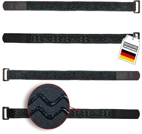 FrogJim 4x Klett-Kabelbinder 40cm schwarz mit Rutschstopp und Schnalle, ideal als Klett für Fahrrad oder Ski Strap, wiederverwendbares Klettband Anti-Slip, 30mm breit zum Fixieren und bündeln KSS4004