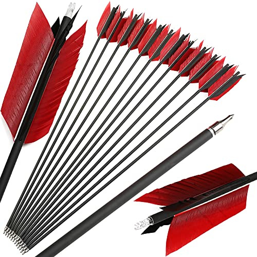 ZSHJGJR 30 Inch Archery Hunting Arrows Carbon Flu Flu Arrows Spine 500 Target Practice Arrows with 4pcs Turkey Feather Replaceable Arrowhead for Outdoor Hunting Shooting 6/12pcs (12, Black & Red)