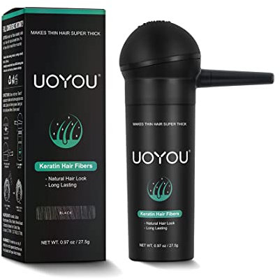 UOYOU Hair Fibres BLACK 27.5g with Pump Applicator – Natural Keratin Hair Building Fibers for Thinning Hair – Undetectable, Sweat- & Wind-Resistant Concealer for Men & Women