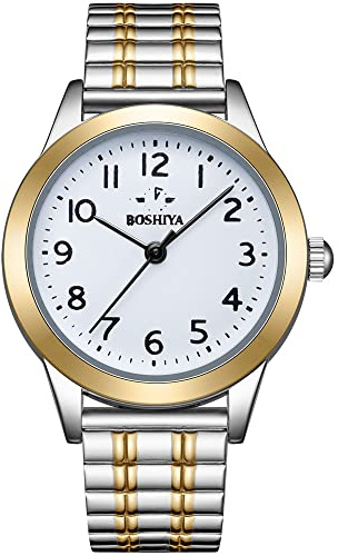 BOSHIYA Damen Uhren Edelstahl Analog Quarz Uhr mit Digital Zifferblatt und Elastisch Armband Wasserdicht Armbanduhr für Damen Gold Silber