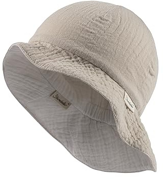 Sterntaler Wende Sonnenhut Uni - Strandhut aus Musselin(Bio) - UV-Schutz 30 Sommerhut Mädchen - mit elastischen Gummiband und Nackenschutz - Baby Kinder Kopfbedeckung - beige, Größe 41