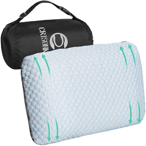 Crisonky Travel and Camping Pillow- Compressible Medium Firm Memory Foam Pillow with Carry Bag for Backpacking & Airplane, Lumbar Support. Breathable Cooling Fabric, Washable Pillowcase (Wathet Blue)