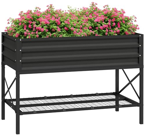 Outsunny Raised Garden Bed with Galvanized Steel Frame, Storage Shelf and Bed Liner, Elevated Planter Box with Legs for Vegetables, Flowers, Herbs, Black