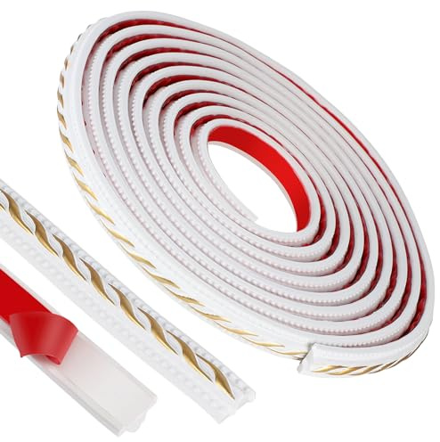 EFUTURETIME Moldura Flexible Autoadhesiva Pared, 2cmx5m, Moldura Decorativas de PVC para Armario, Borde de Espejo, Mueble, Puerta, Techo, Patrón Simple, Blanco-Oro