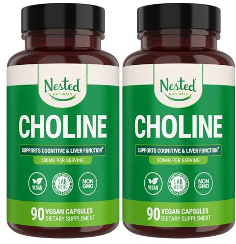 Nested Naturals Choline Bitartrate 500mg - High Potency Choline Supplements - Supports Maternal & Fetal Health During Pregnancy* - 100% Vegan & Non-GMO - 2-Pack (180 Vegan Capsules)