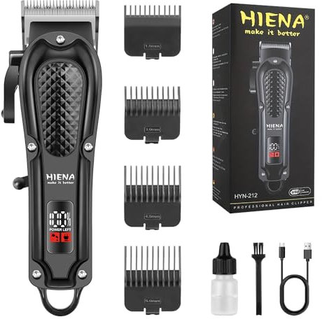 HIENA PRO Tondeuse à cheveux professionnelle pour homme, sans fil et filaire pour coupe de cheveux, tondeuse à barbe rechargeable, affichage LED, cadeaux pour homme (noir)