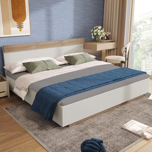 MQGPM Holzbett Doppelbett 160x200cm mit Kopfteil und Lattenrost aus Holz, Jugendbett Palettenbett für Schlafzimmer Gästezimmer, Sonoma-Eiche+Weiß
