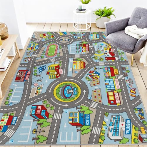 Capslpad Autoteppich Kinder 150x200cm rutschfest Kinderteppich Stadtplan Interaktive Spielteppich Waschbar Kreativ Pädagogisch Spielmatte für Kinder Teenager Kinderzimmer Spielzimmer Dekor,Hellblau