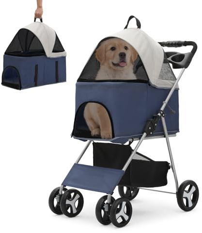 Athena Collection 4-Wheel Pet Stroller for Medium Dogs & Cats - Detachable Carrier, Cup Holder, Bottom Storage - Navy Black
