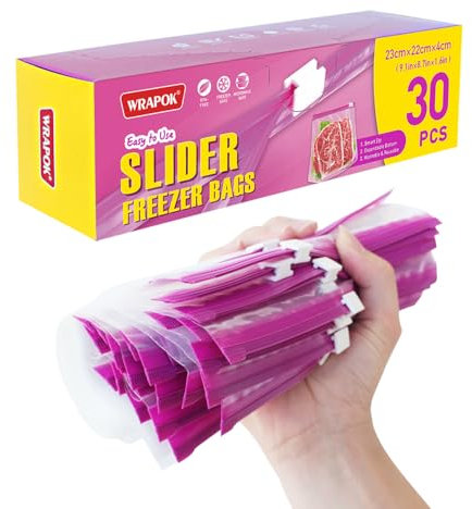 WRAPOK Zip Lock Freezer Bags Large Food Bag Plastic Ziplock Storage Reusable Bag for Kitchen, 9.1 x 8.7 Inch - 30 Count