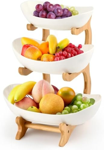 JKFGYTHG Frutero de cerámica de 3 pisos, cesta de fruta de cerámica para la encimera de la cocina, juego de frutero ovalado con soporte de bambú natural para cocina, fiesta, restaurante