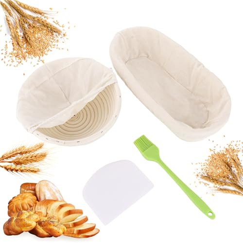 LOPYXBR 2 cestas de fermentación de 20 cm redondas y 28 cm, ovaladas, cesta de fermentación, juego de pan, accesorios para hornear, cesta de mimbre natural, cesta de fermentación para pan con funda de