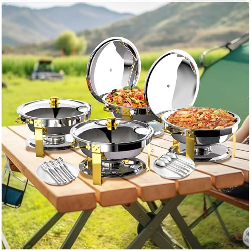 HCSH&WILL Chafing Dishes for Buffet 4 Pack, 5QT Semi Gold Food Warmers, High Grade Stainless Steel, Complete Set with Accessories