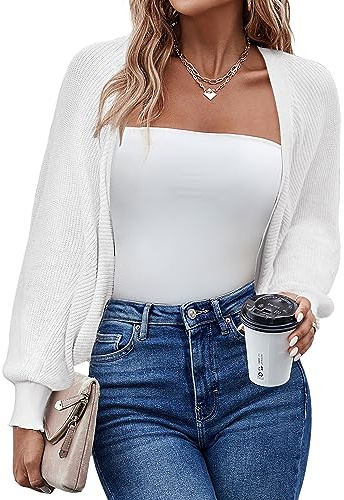 Hotouch Bolero Damen Festlich Kurz Strickjacke Elegant Cardigan Langarm Shrugs Open Front Leichte Jäckchen Boleros Strick Bolerojacke Schulterjacke für Kleider Casual Einfabig Weiß L