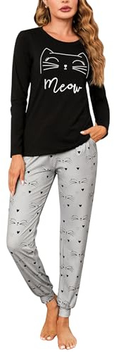 Sykooria Conjunto de Pijama Mujer Algodón de Manga Larga Pijama de Invierno Top y Pantalones Ropa de Dormir Suave para Mujer Pjs Lounge Wear(Negro2,M)