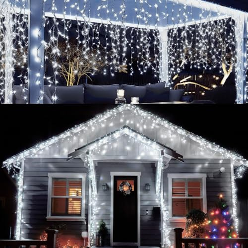 Fiqops Eisregen lichterkette außen 5m Kaltweiß 200 leds lichterketten mit Stecker fairy lights aussen innen für Party Garten Weihnachten Hochzeit Beleuchtung Deko