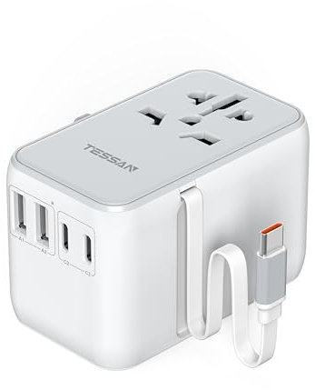 TESSAN Universal Travel Adapter Worldwide, Built in 35 W USB C Cable, International Travel Adapter with 4 USB Charging Ports, Universal Plug for UK to EU US AUS Thailand (Type C, G, A, I), Grey White