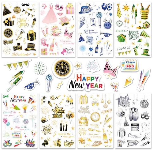 DPKOW 24 Blatt Neujahr Sticker Set, 2026 Silvester Sticker Aufkleber zur Scrapbook Bullet Journal Fotoalbum, Neujahr Aufkleber zur Basteln Geschenke Silvester Deko