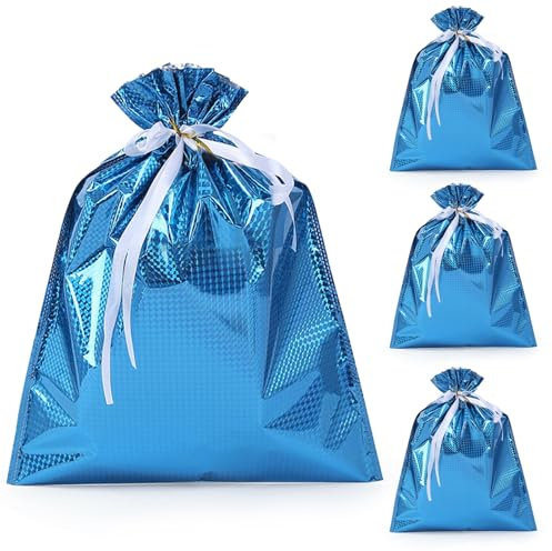 Weihnachtstüten – 4 Stück, 51 x 39 cm, große Geschenkbeutel, blaue Laser-Weihnachtsbeutel mit Kordelzug für Weihnachtsfeier