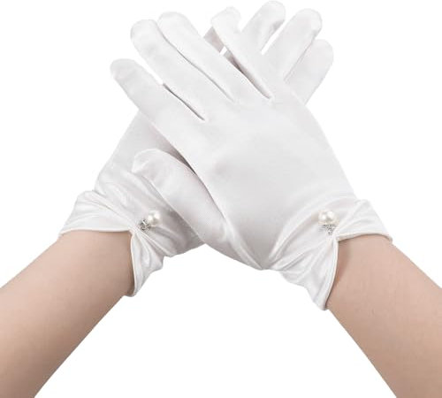 Psyqtsuary Tea Party Gloves White Pearl Dress Gloves Uniform Glove Short White Bridal-Gloves, Wrist Length White-Satin-Gloves Women Banquet Opera Glove for Women Gown