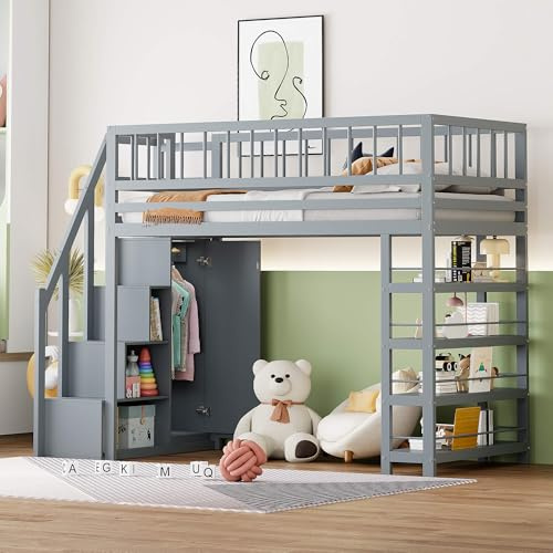 MQGPM Hochbett 90x200 cm mit Regalen und Kleiderschrank, Kinderbett Einzelbett mit Treppe und Stauraum, Bettgestell mit Lattenrost und Rausfallschutz, Bett für Kinderzimmer, Ohne Matratze, Grau