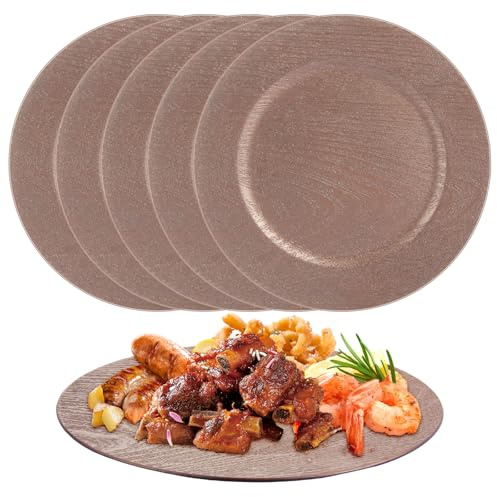 LOPYXBR 6 PCS 13 Inch Round Faux Wood Charger Plates Set of 6, Plastic Wood Look Chargers Plate for Dinner Plate 13 In Brown Rustic Plastic Charger Plates Wooden Round Dish Chargers for Wedding, Party