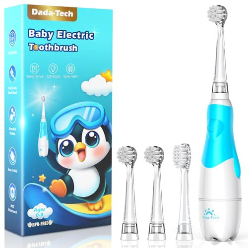 Baby Toothbrush Electric Toddler Toothbrush 0-2-3 Years Old Kids Electric Tooth Brush with LED Light 2 Minutes Timer Battery Operated Sonic Technology for Infant 6 Months and Up (Blue)