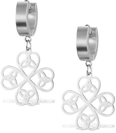 Pendientes con nudo celta de trébol para mujeres Pendientes colgantes de trébol de cuatro hojas Aretes de aro de trébol de la suerte de acero inoxidable Joyería con amuleto de moda, One Size, Acero