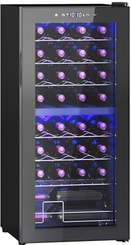 HOMCOM 86L Freestanding Wine Cooler with UV-resistant Tempered Glass Door, 32 Bottles Dual Zone Wine Fridge with Adjustable Temperature Control, Digital Touch Screen, Black