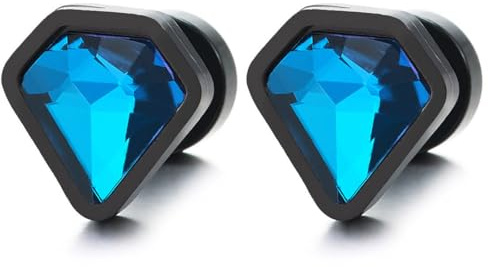 Uomo Donna Nero Orecchini con Blu A Forma di Diamante Cristallo, Acciaio Finto Dilatatore Fake Cheater Plug Gauges