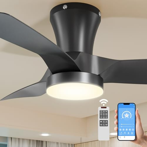 Deckenventilator mit Beleuchtung 80cm, 3000 K-5000 K Dimmbar, 2200LM Leise LED Lampe Ventilator mit Licht und Fernbedienung/APP, 7 Geschwindigkeiten, Timer für Decke Wohnzimmer Schlafzimmer, Schwarz