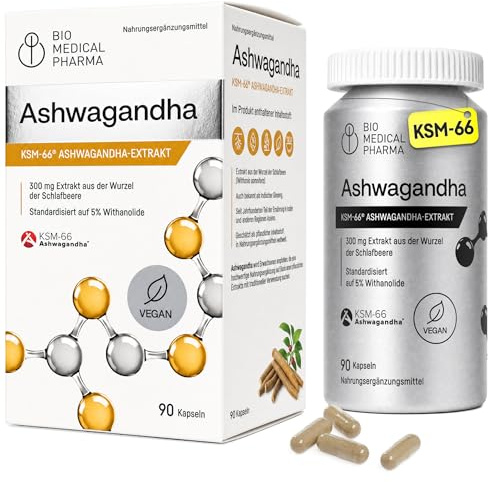 Ashwagandha KSM-66 Kapseln hochdosiert – 600mg Wurzelextrakt (5% Withanolide) – 24 klinische Studien – laborgeprüft, vegan, ohne Zusätze (90 Kapseln, 45-90 Tage)