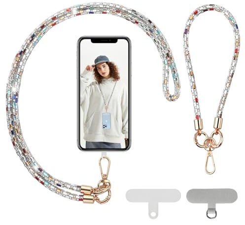 tookala Bunt Glitzer Bling Handykette Universal, incl. Handykette Lang und Kurz Handgelenk schlaufen zum Umhängen, Schlüsselband Glitzer Schlüsselanhänger Handyband zum Umhängen Silber Mädchen Frau