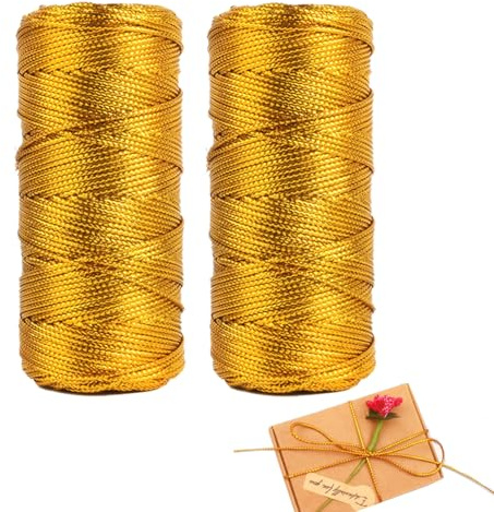 2 Rotoli 100m Filo Dorato Decorazioni, Cordone Metallico da 1,5mm Spessore | Fili Seta Color Oro Fai Da Te,Filato Gioiello Bigiotteria Uncinetto,Ideale per Natalizie O Confezioni Regalo