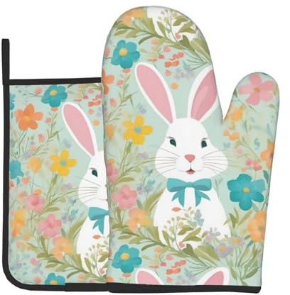 Set di presine e guanto da forno con stampa floreale a forma di coniglietto pasquale, un must per la cucina, forno, microonde e grill.